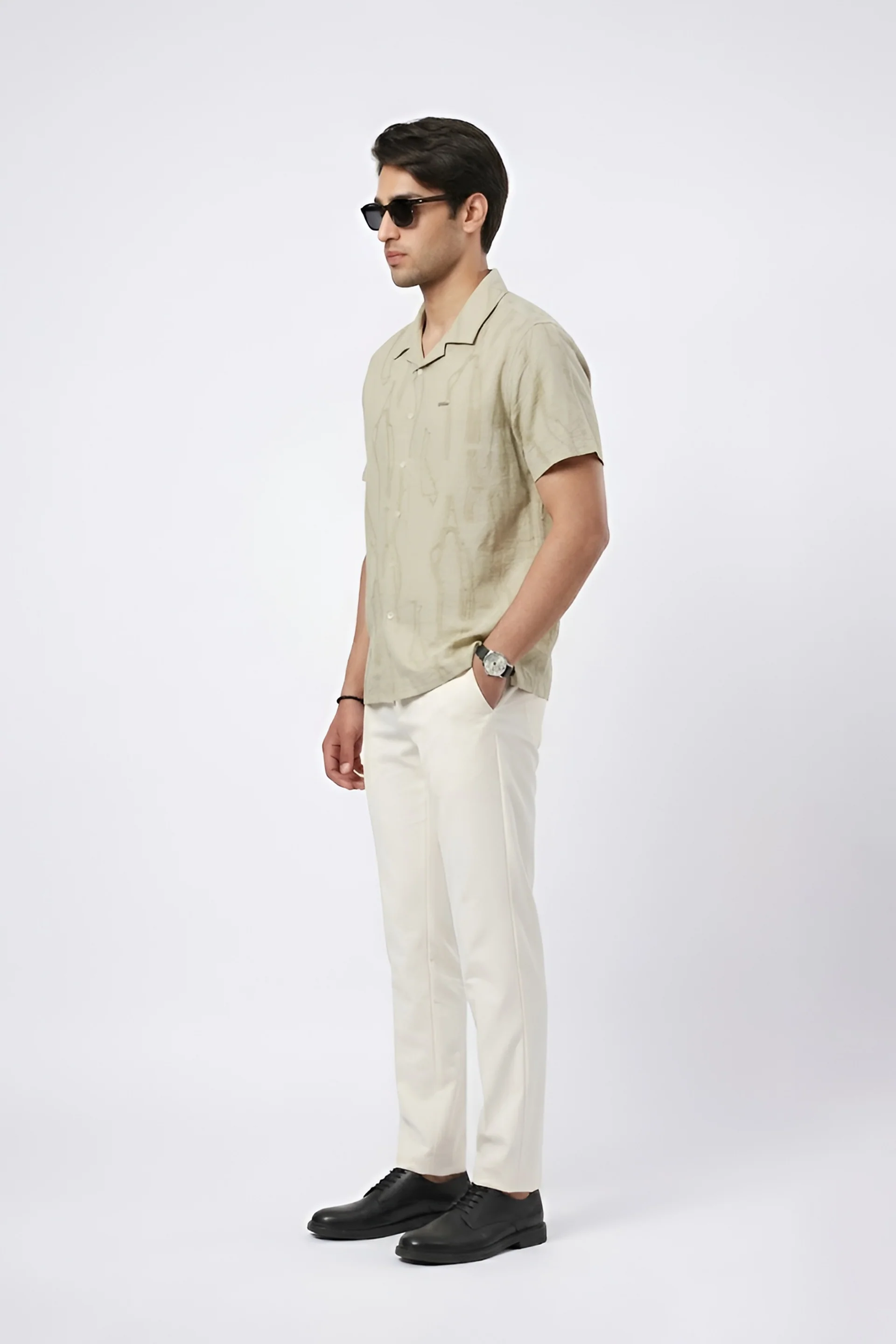 BEIGE ABSTRACT PRINTED CUBAN COLLAR SHIRT - Image 3