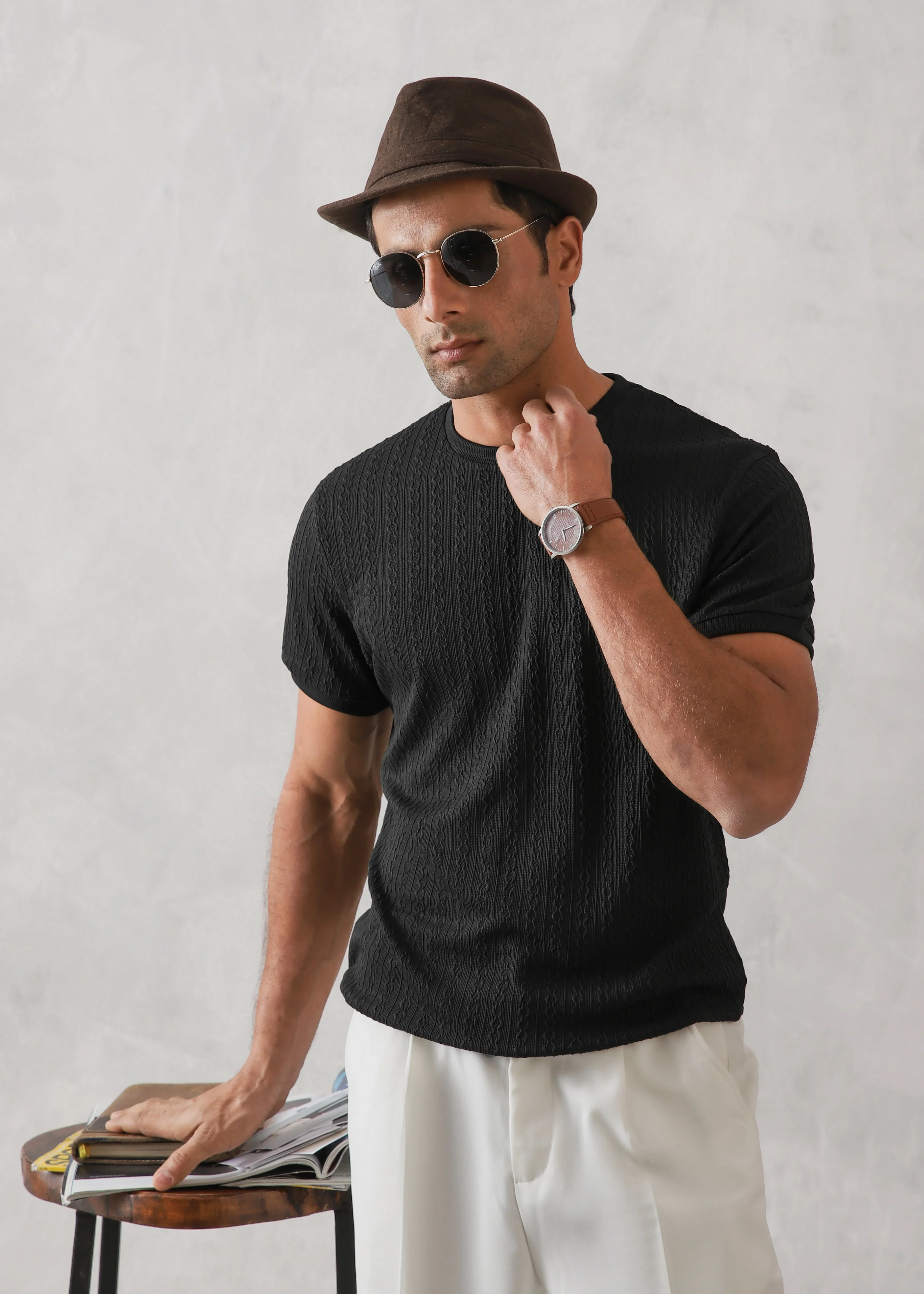 BLACK DROP NEEDLE TEXTURED KNIT TEE - Image 2