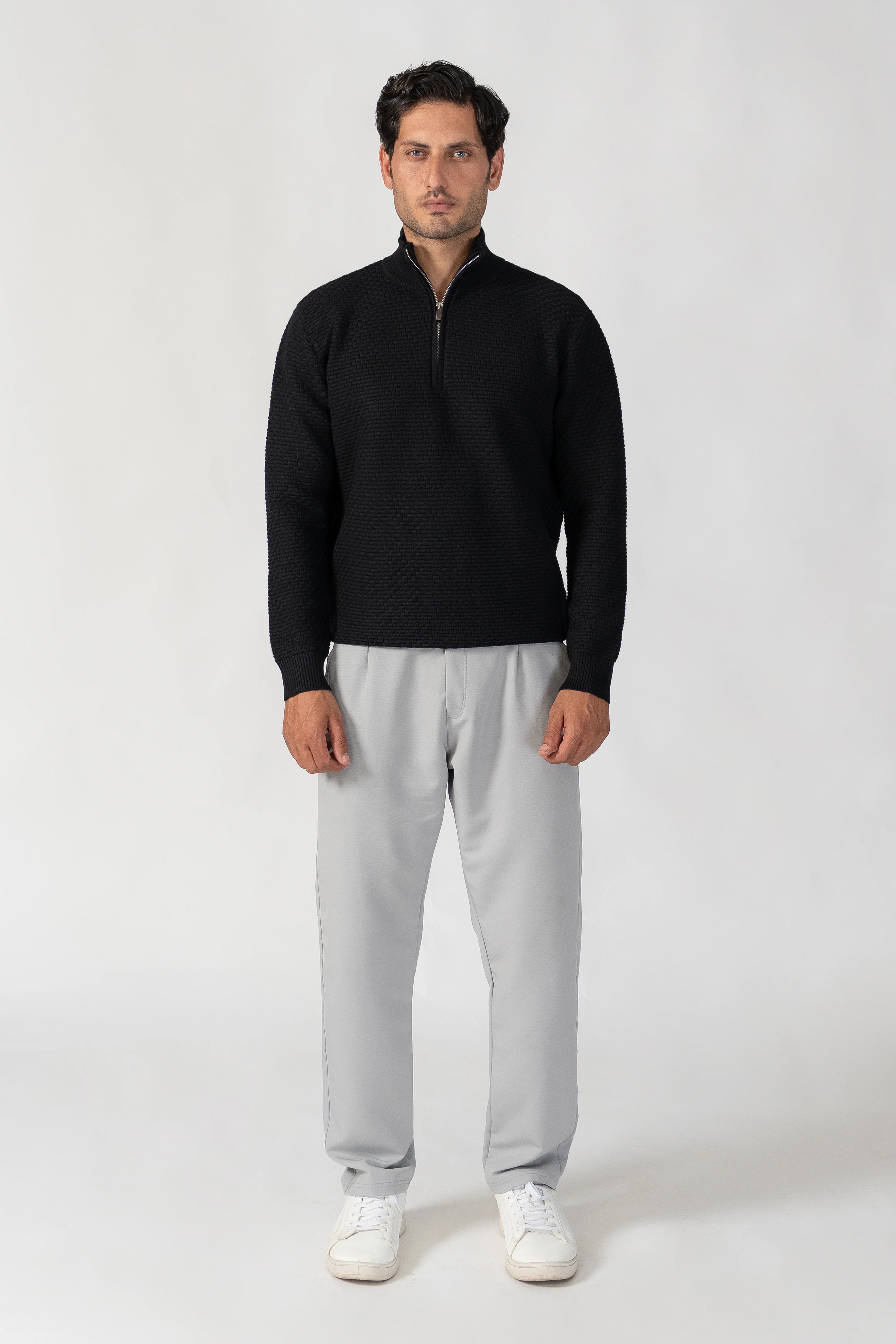 BLACK HIGH NECK HALF ZIP WAFFLE KNIT SWEATER - Image 4