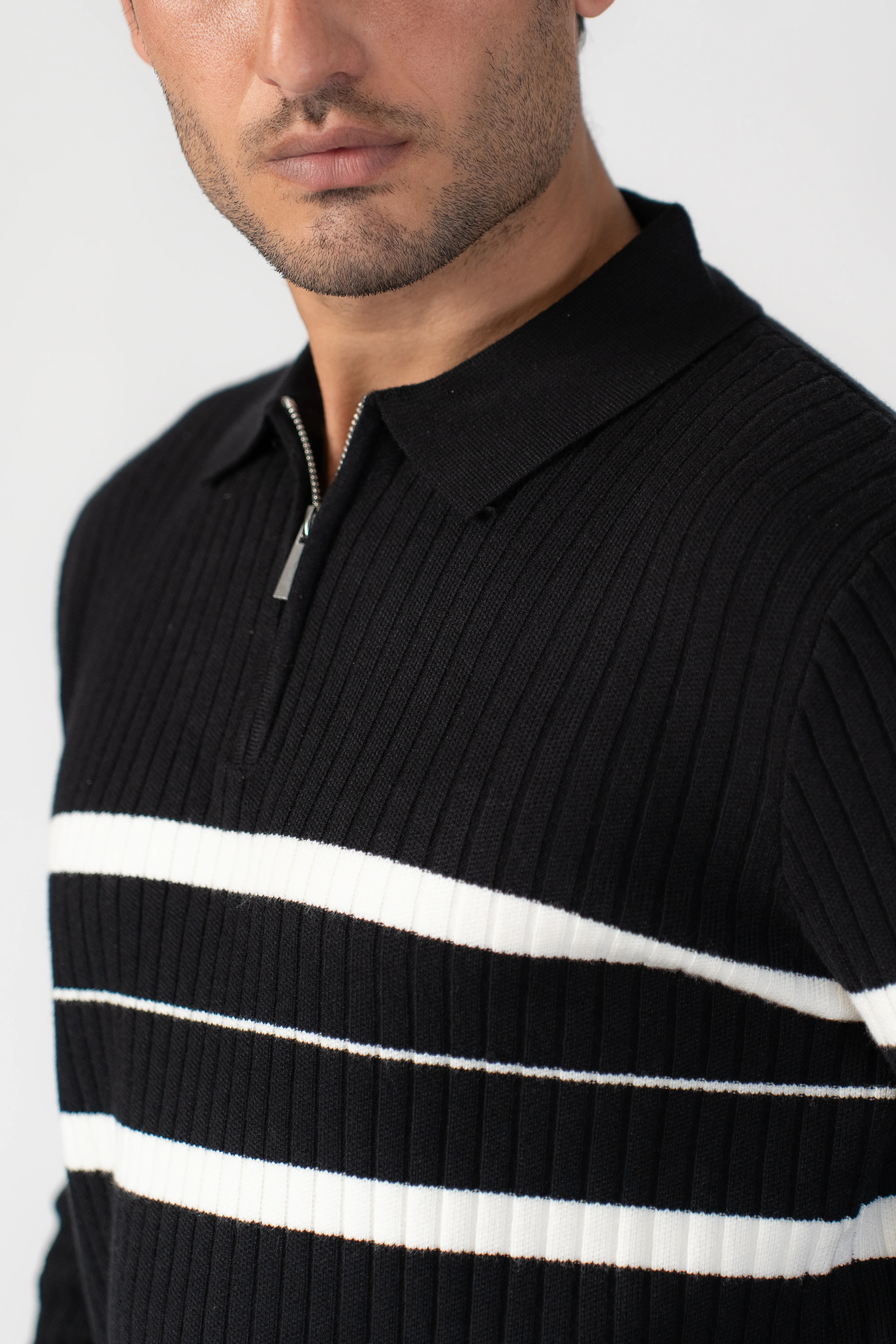 BLACK STRIPED HALF ZIP KNITTED SWEATER POLO - Image 2