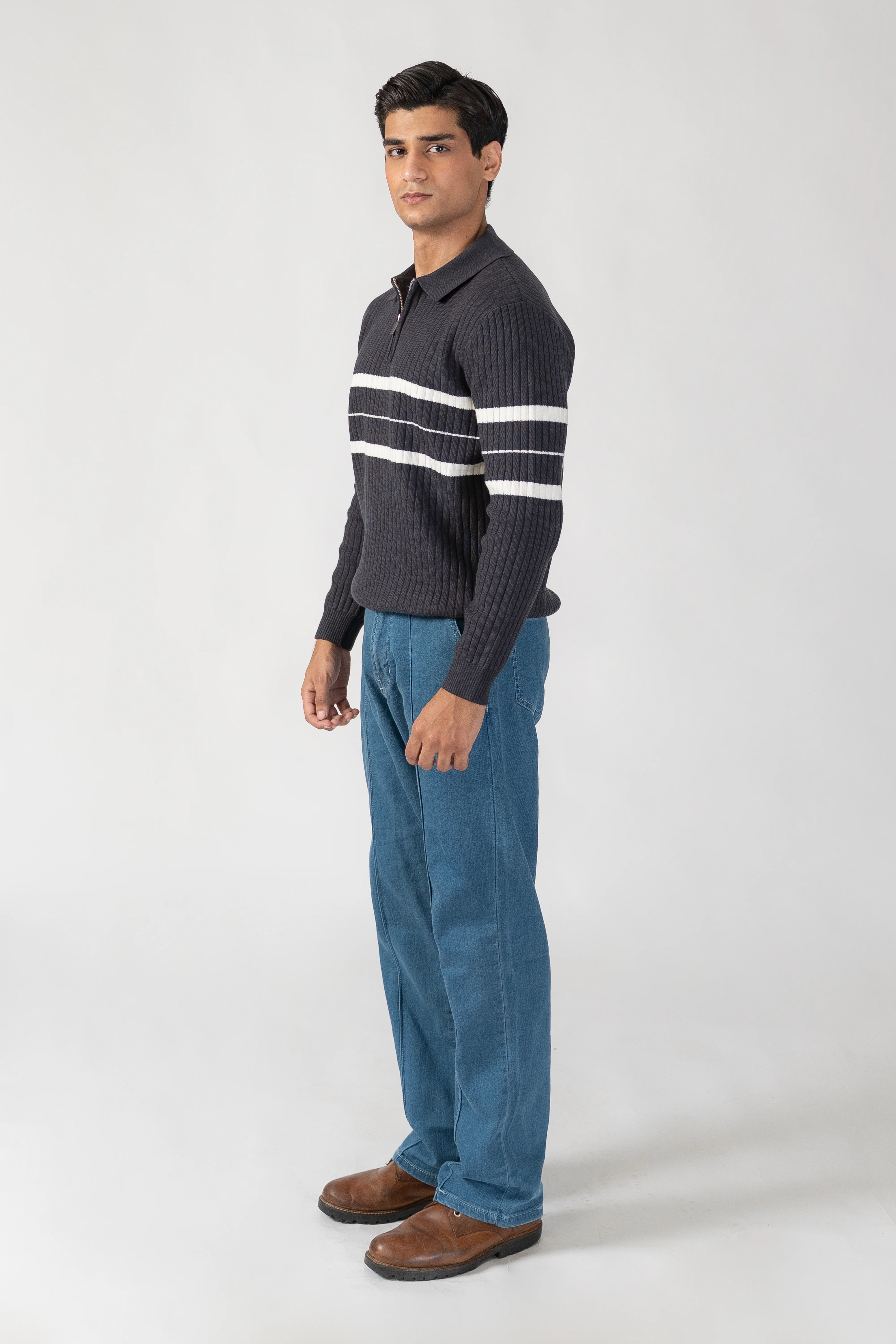 BLUE STRIPED HALF ZIP KNITTED SWEATER POLO - Image 3