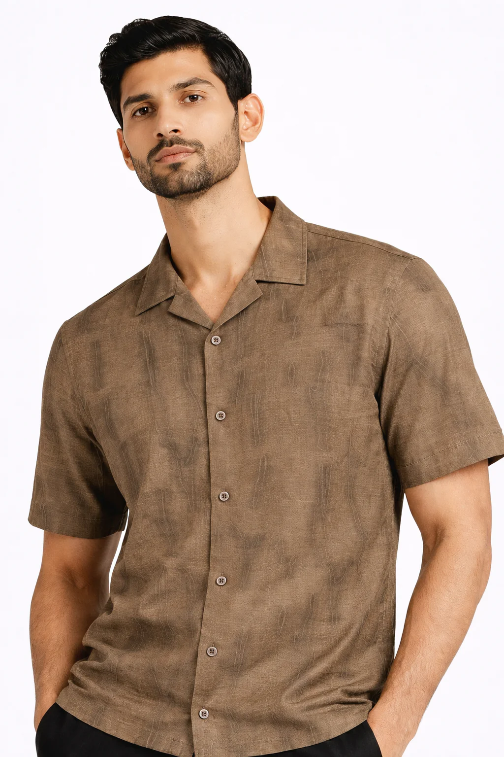 BROWN ABSTRACT PRINTED CUBAN COLLAR SHIRT - Image 2