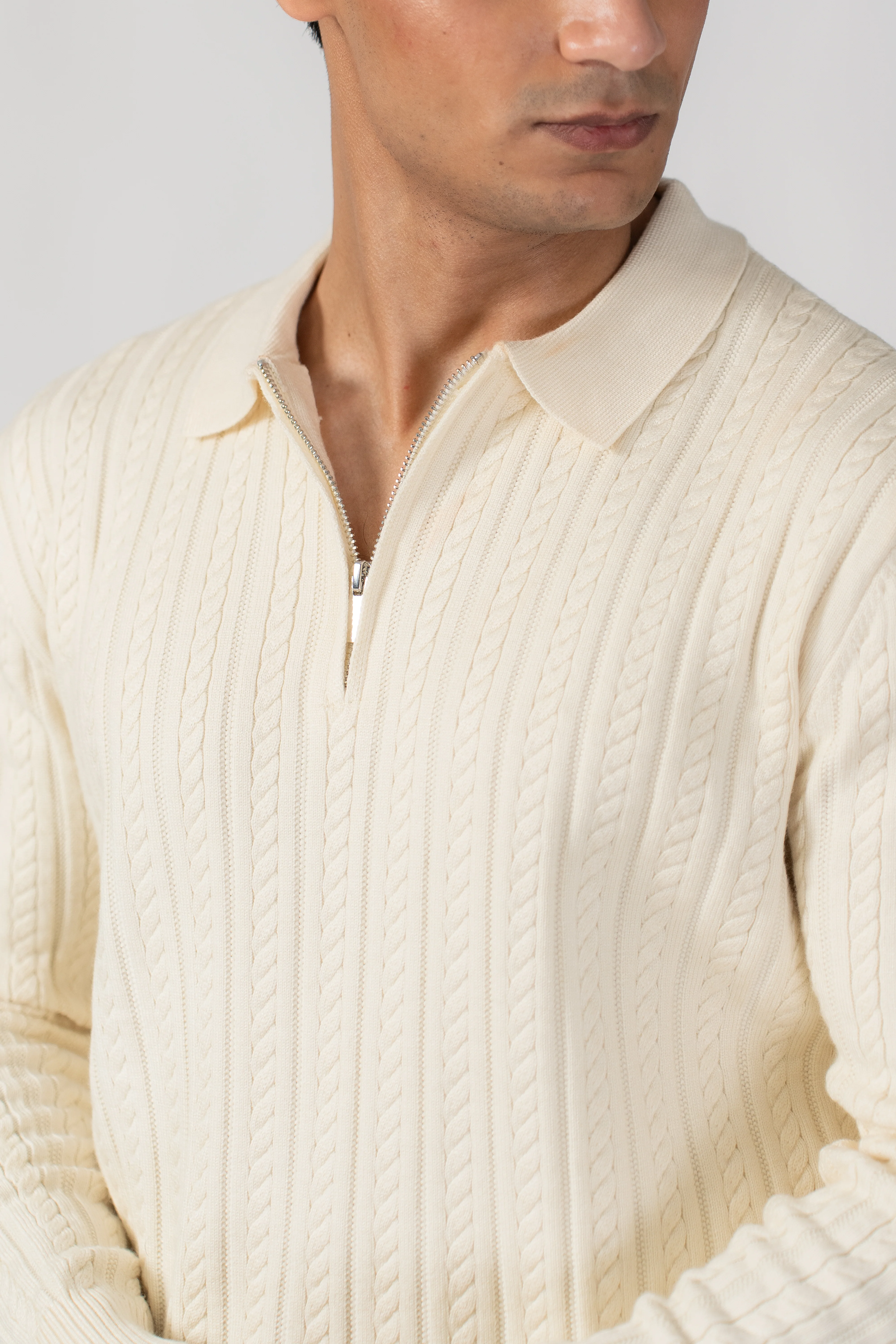 OFF WHITE CABLE KNIT HALF ZIP SWEATER POLO - Image 2
