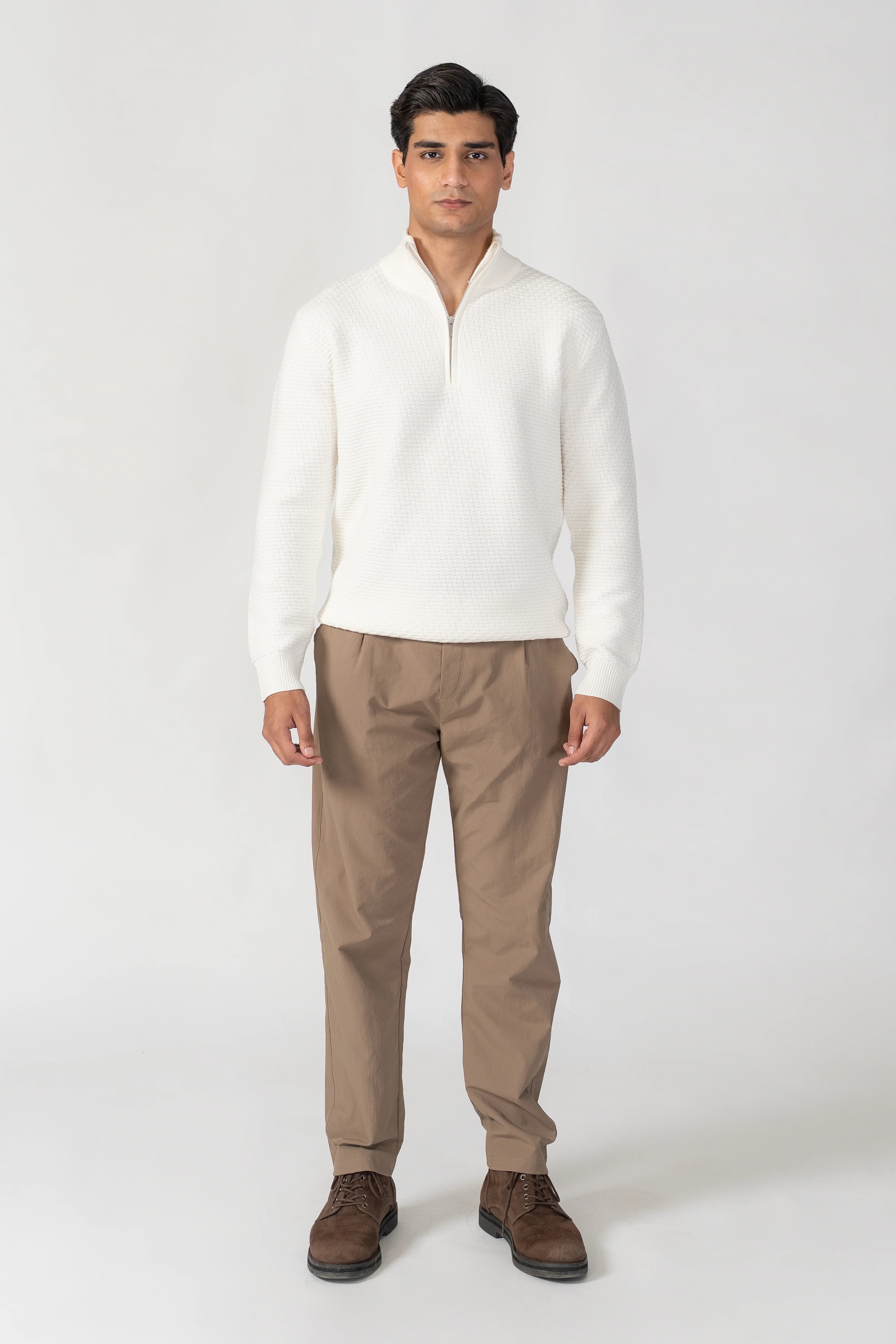 OFF WHITE HIGH NECK HALF ZIP WAFFLE KNIT SWEATER - Image 3