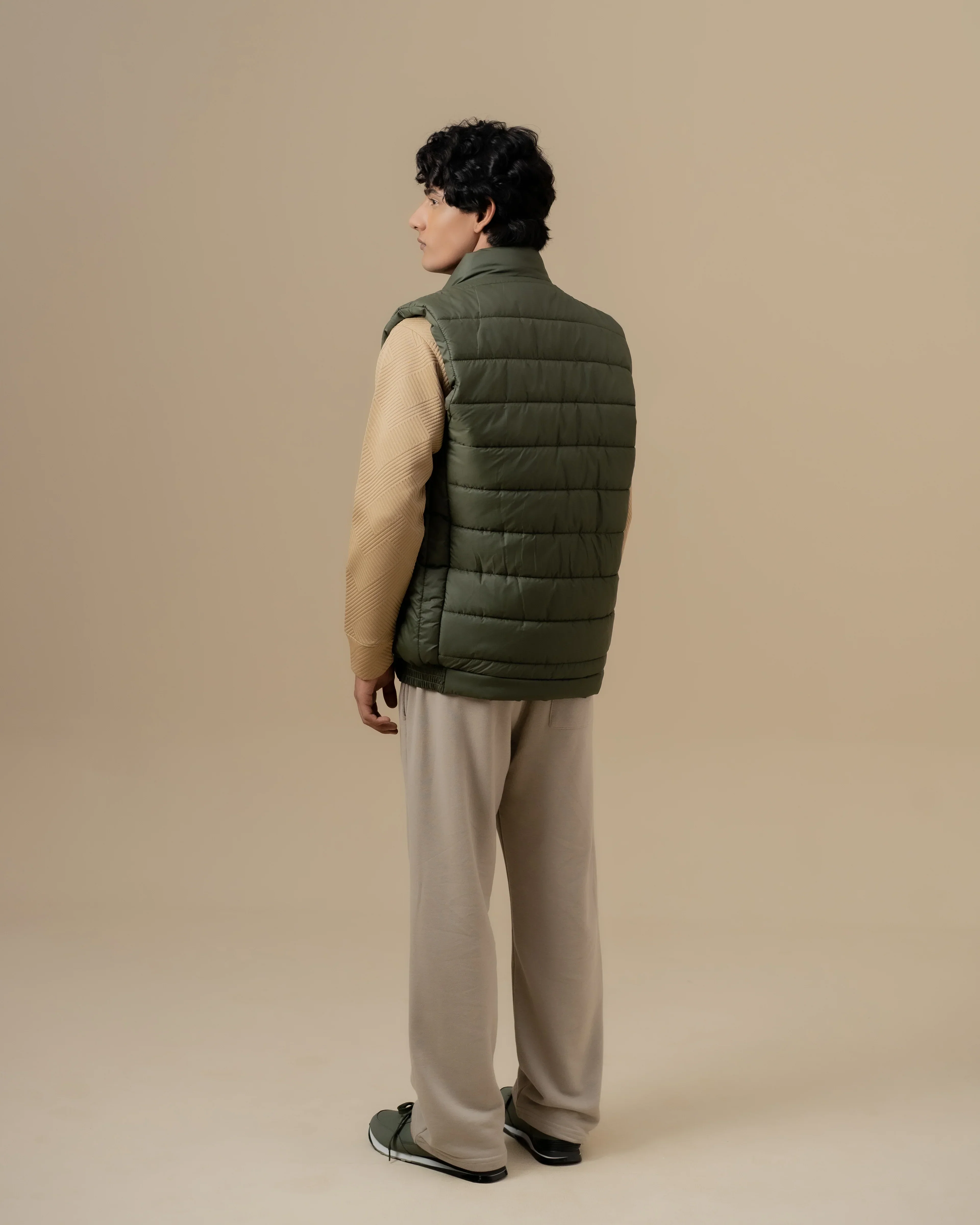 OLIVE GREEN SLEEVELESS PUFFER JACKET - Image 4