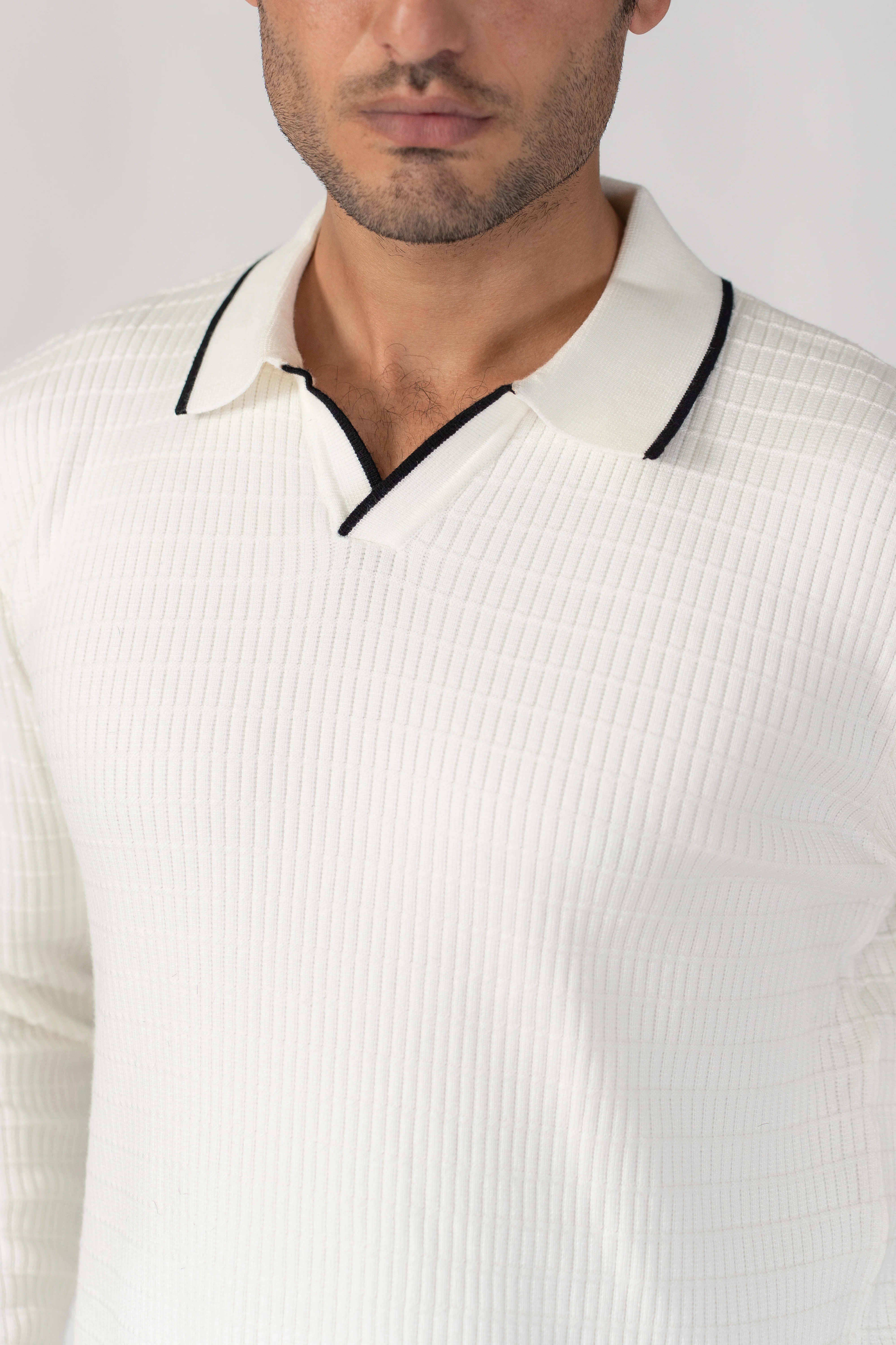 WHITE DROP NEEDLE GRID SWEATER POLO - Image 2