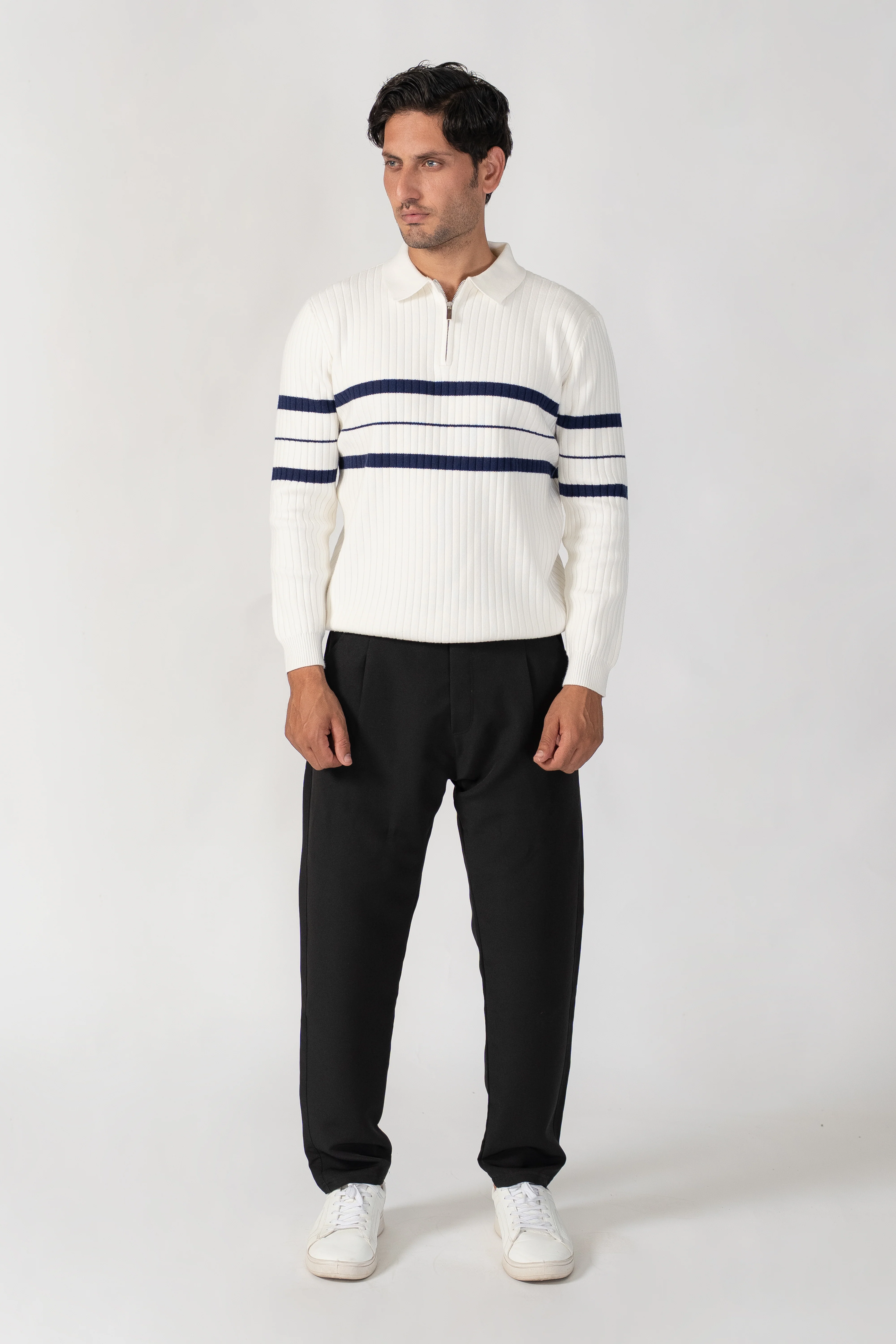 WHITE STRIPED HALF ZIP KNITTED SWEATER POLO - Image 3