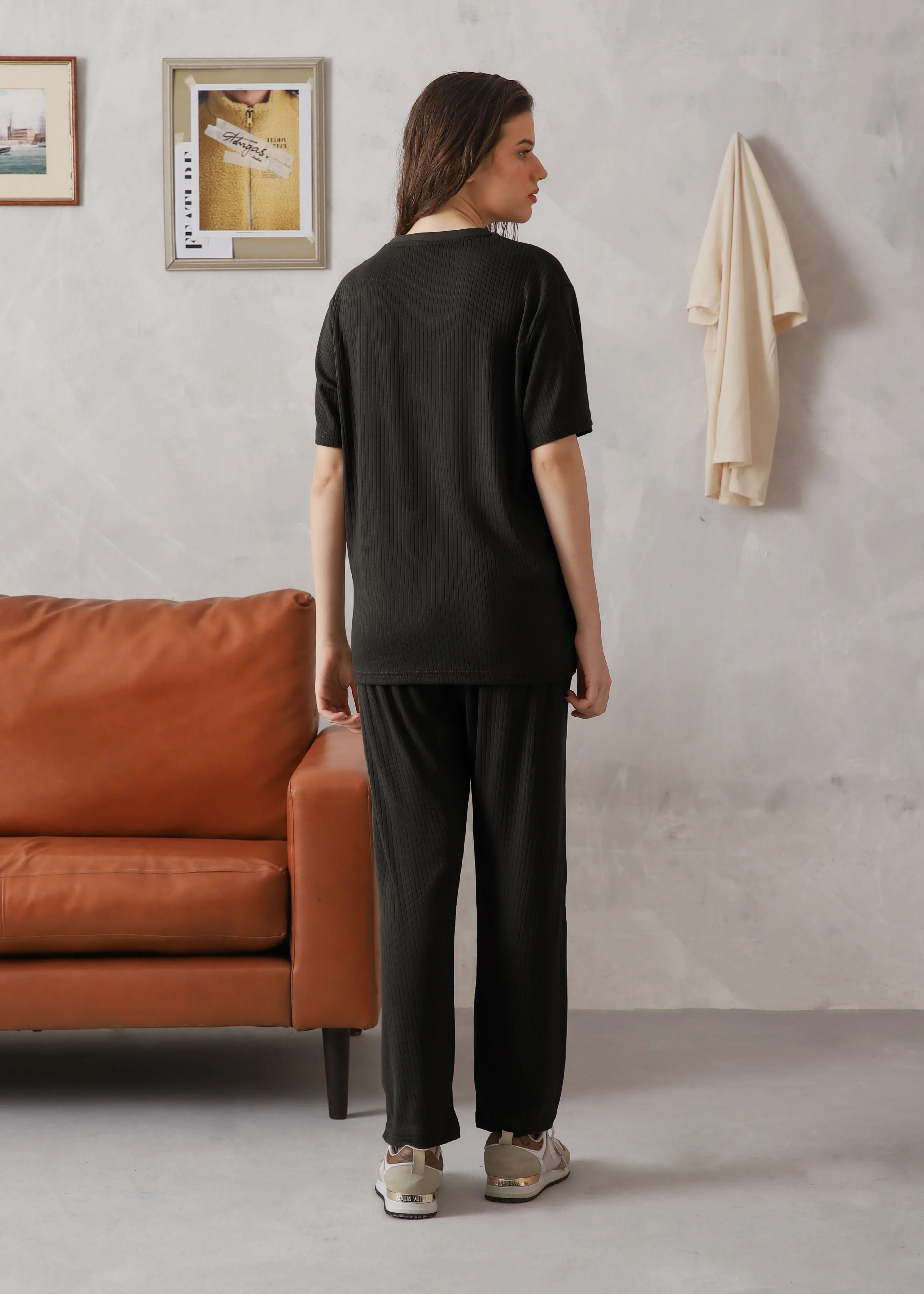 WOMEN BLACK DROP NEEDLE TEXTURED TRACKSUIT - Image 5