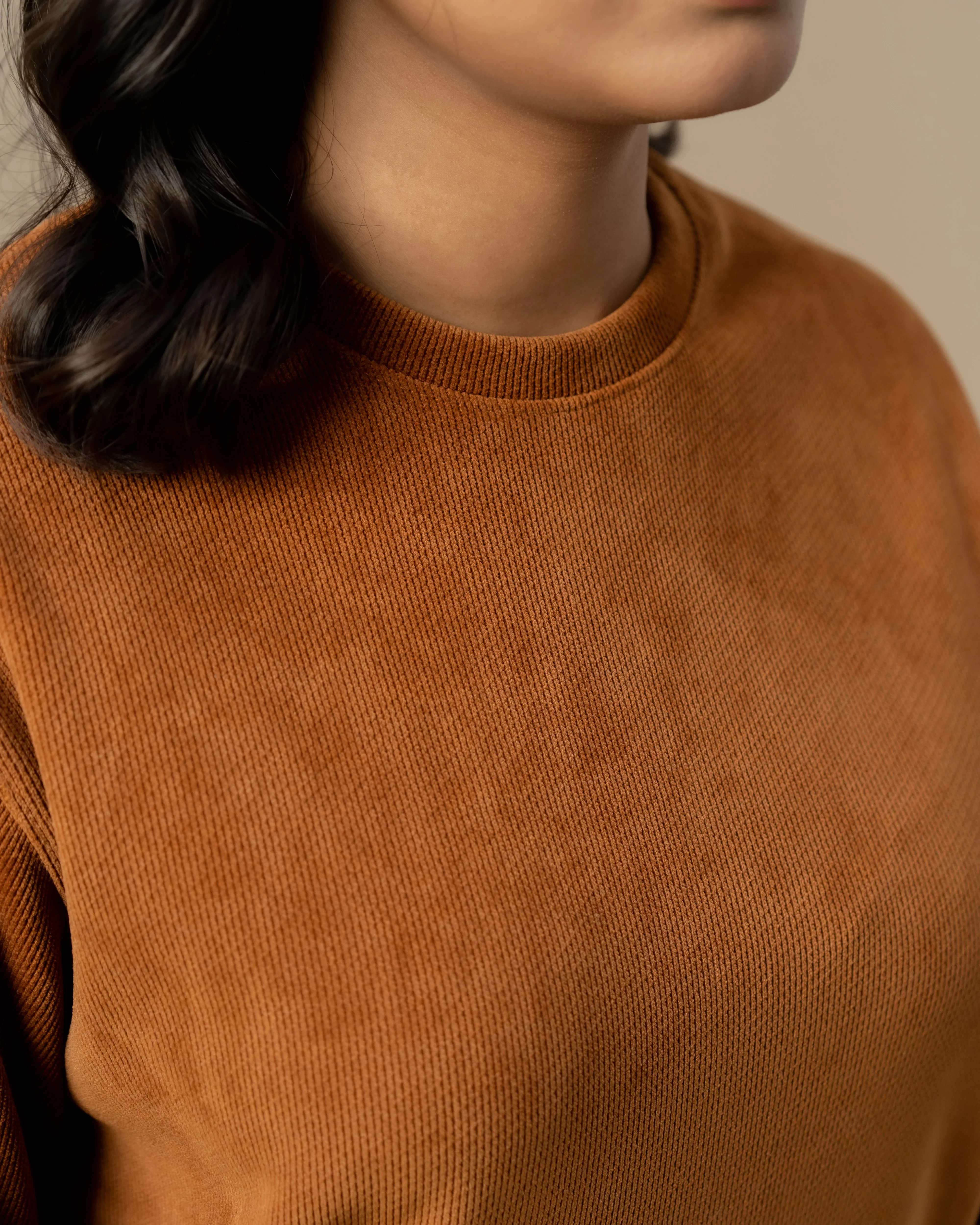 WOMEN WAFFLE KNIT SWEATER BROWN - Image 2