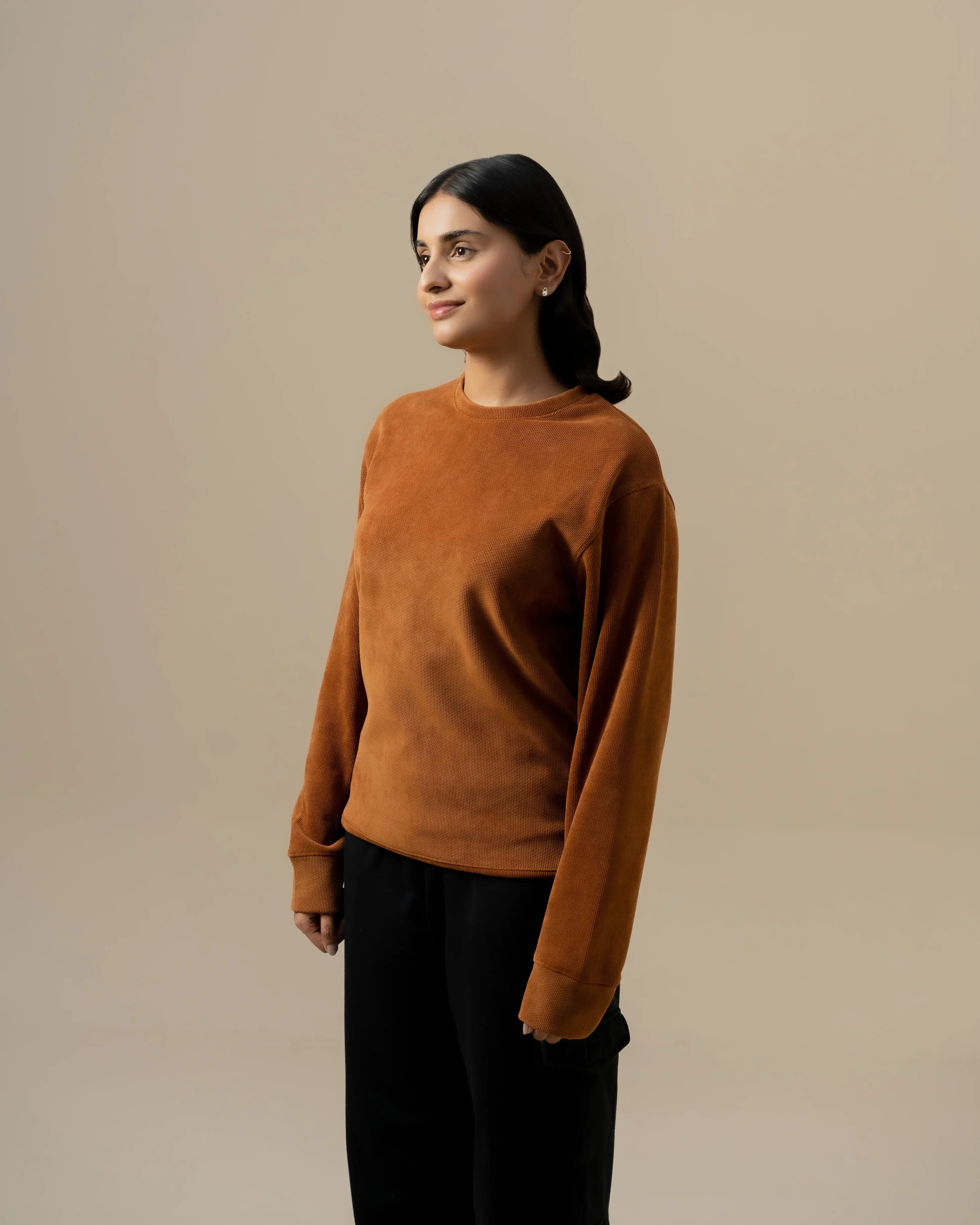 WOMEN WAFFLE KNIT SWEATER BROWN - Image 3